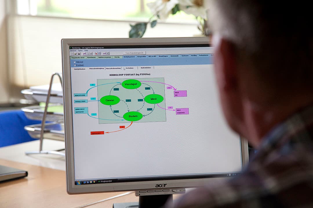 Eem melkveehouder bekijkt de kringloopgegevens van zijn bedrijf via de Kringloopwijzer. - Foto: Jan Willem Schouten