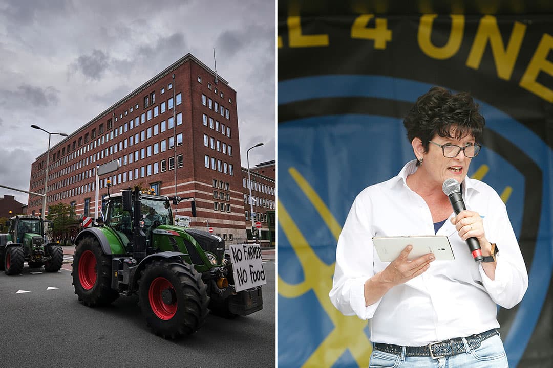 Trekkers rijden naar het Malieveld op 1 oktober 2019 en rechts Sieta van Keimpema, spreekt als woordvoerder van Farmers Defence Force (FDF) de boeren toe. - Foto's: Roel Dijkstra / Ton Kastermans Fotografie