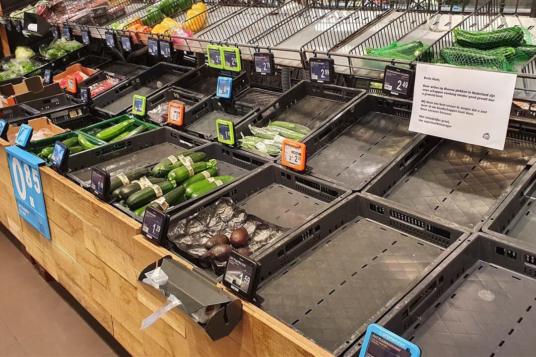 Lege schappen in een supermarkt in Groningen vanwege de boerenprotesten die vrijdag en zaterdag werden gehouden bij verschillende distributiecentra. Foto: Novum RegioFoto via ANP