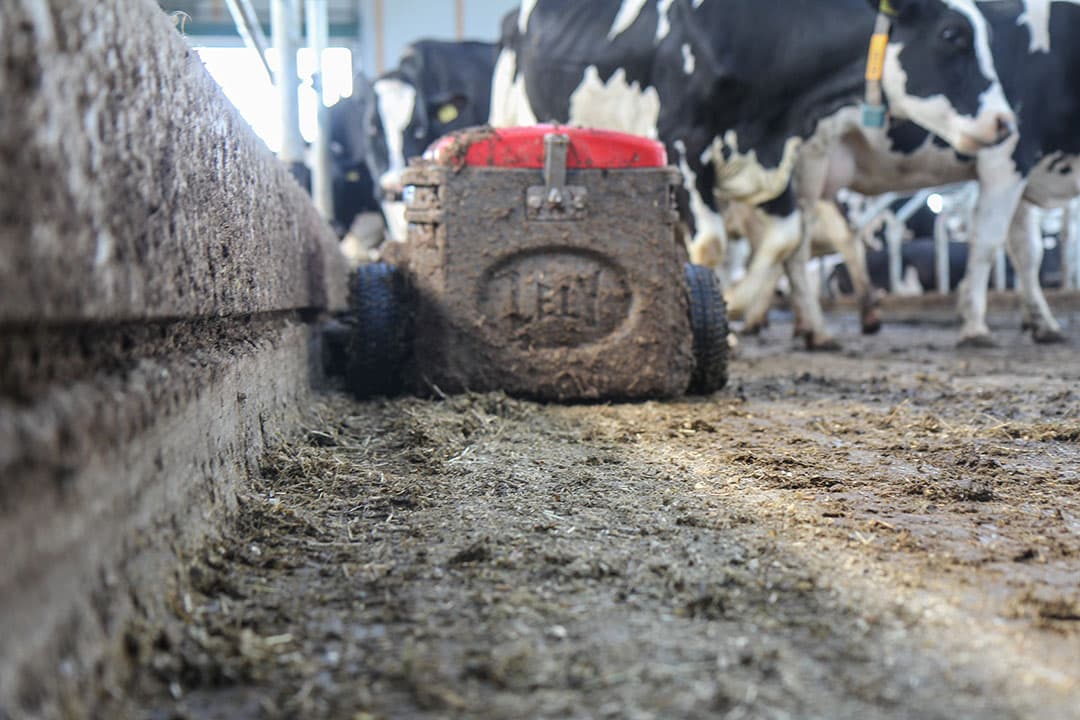 Mestrobot van Lely. Het bedrijf introduceert een nieuw systeem dat de uitstoot van ammoniak met 70% vermindert. - Foto: Matthijs verhagen