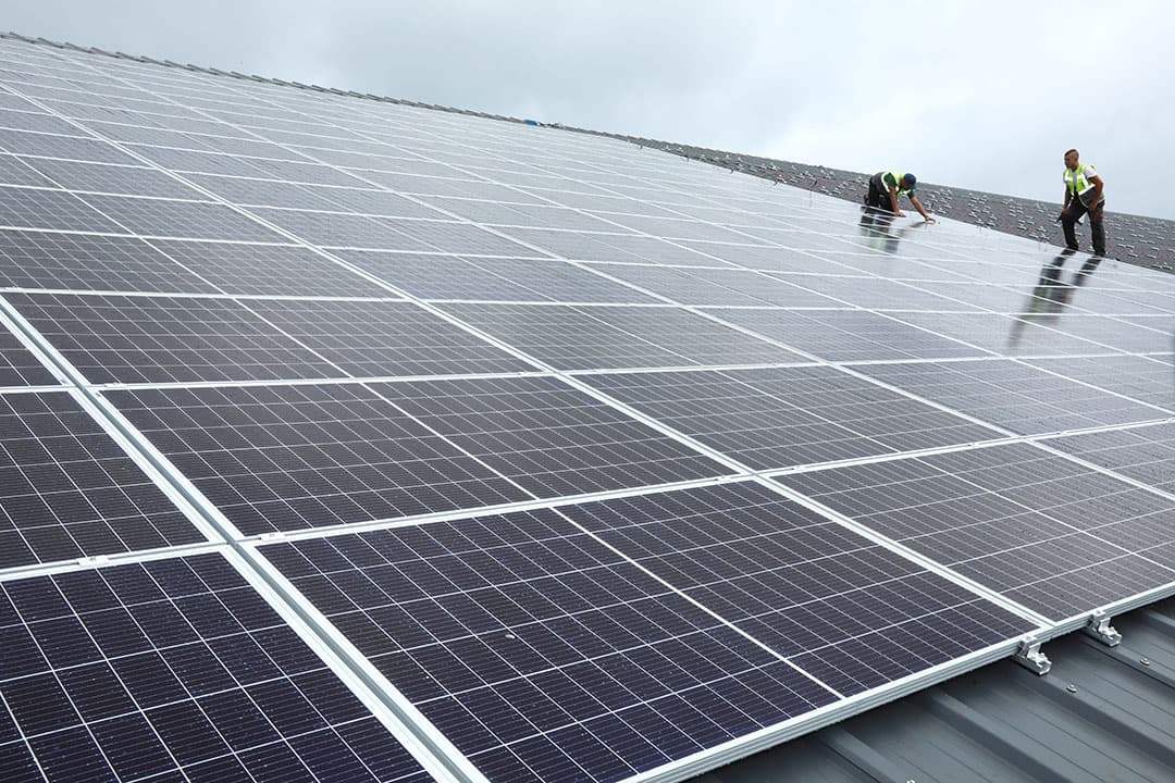 De aanleg van zonnepanelen op een melkveestal. - Foto:  Henk Riswick