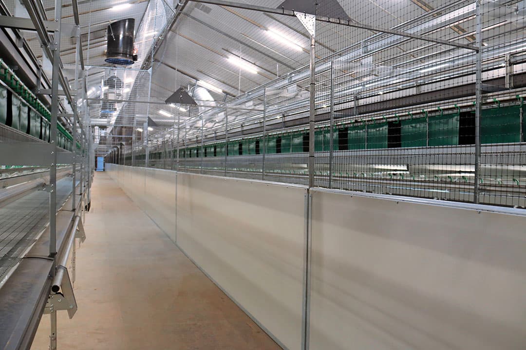 De gerenoveerde scharrelstal uit 2005 van Smid Eiboerderij is ingericht met het Bolegg Terrace-volièresysteem. - Foto: Hans Bijleveld