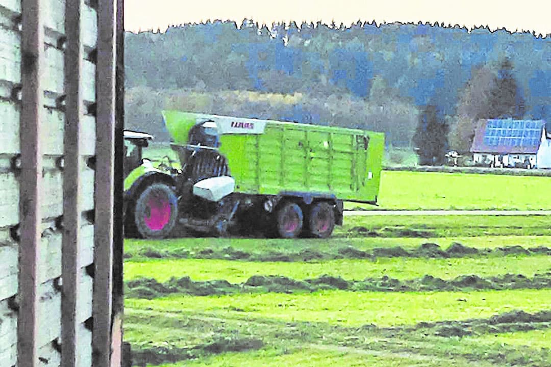 Deze Claas opraapwagen is gespot in het veld. Zichtbaar is de schuin naar voor staande voorkant met daarin een beweegbare voorwand. - Foto: Profi