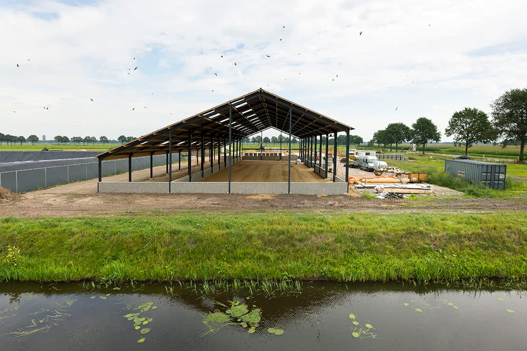 Bouw van melkveestal. Volgens LTO komen met de uitspraak investeringen in technologie en innovatie stil te vallen, 'terwijl dat juist een belangrijke route op weg naar een oplossing voor de stikstofcrisis is'. - Foto: Ruud Ploeg