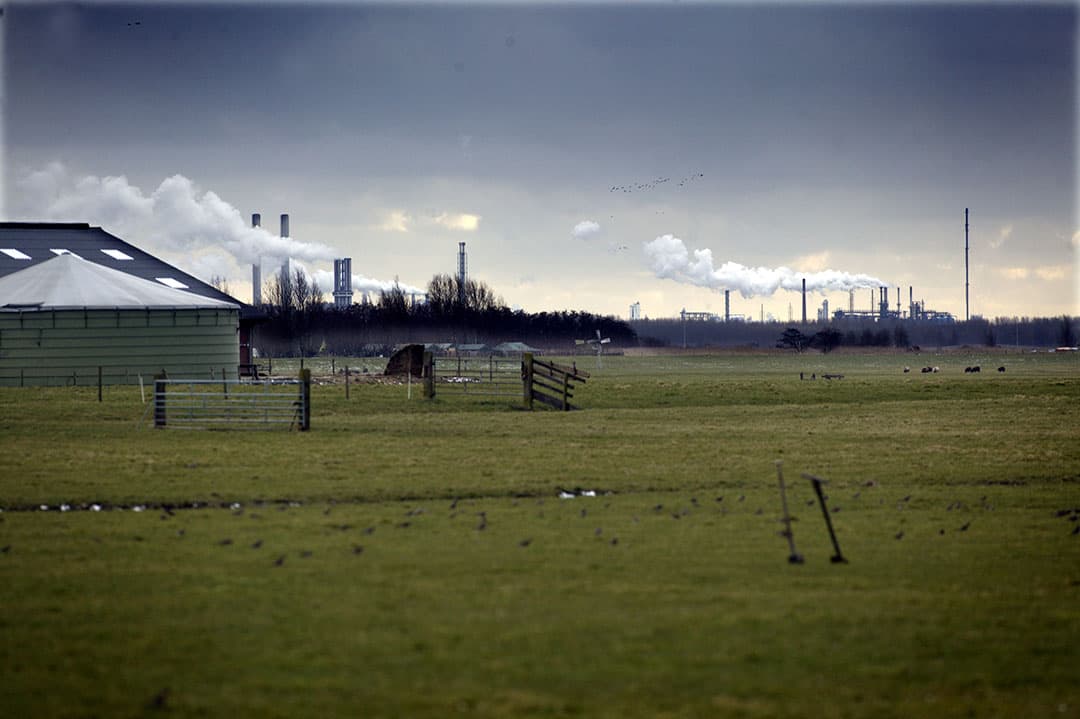 Landbouwbedrijf met op de achtergrond industrie (archiefbeeld). Landbouwgrond wordt door gemeenten gretig opgeofferd, omdat ze goed geld verdienen met gronduitgifte voor industrie en kassen; dat is wat columnist Mat Smets betoogt. - Foto: Hans Prinsen