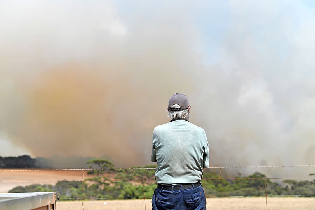 John Stanton kijkt naar bosbrand in Stokes Bay in Kangaroo Island, Zuid Australië. Op dit eiland zijn 100 militairen ingezet om de branden te bestrijden. - Foto: ANP