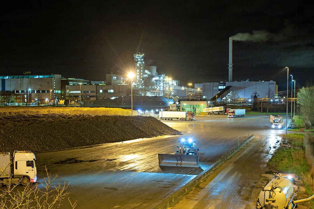De laatste vrachtwagens met bieten lossen hun lading op het terrein van Suiker Unie Dinteloord. - Foto: Peter Roek