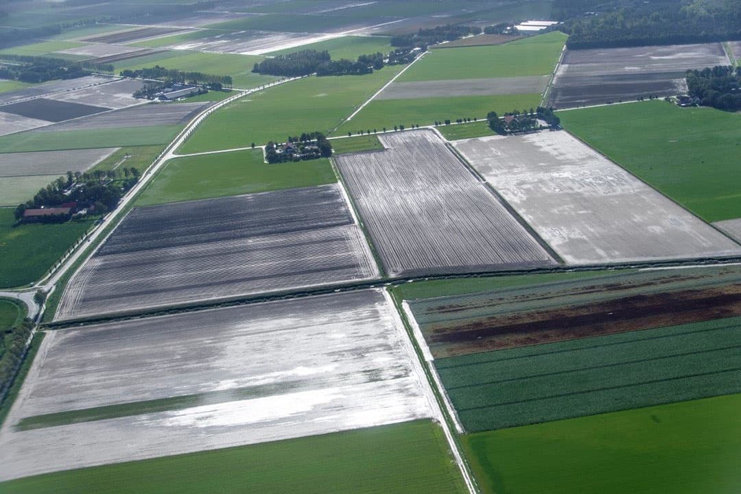 Het is niet helemaal duidelijk te zien, maar hier lijkt een groot oppervlakte rode uien, die voor de regen gerooid zijn, te liggen.
