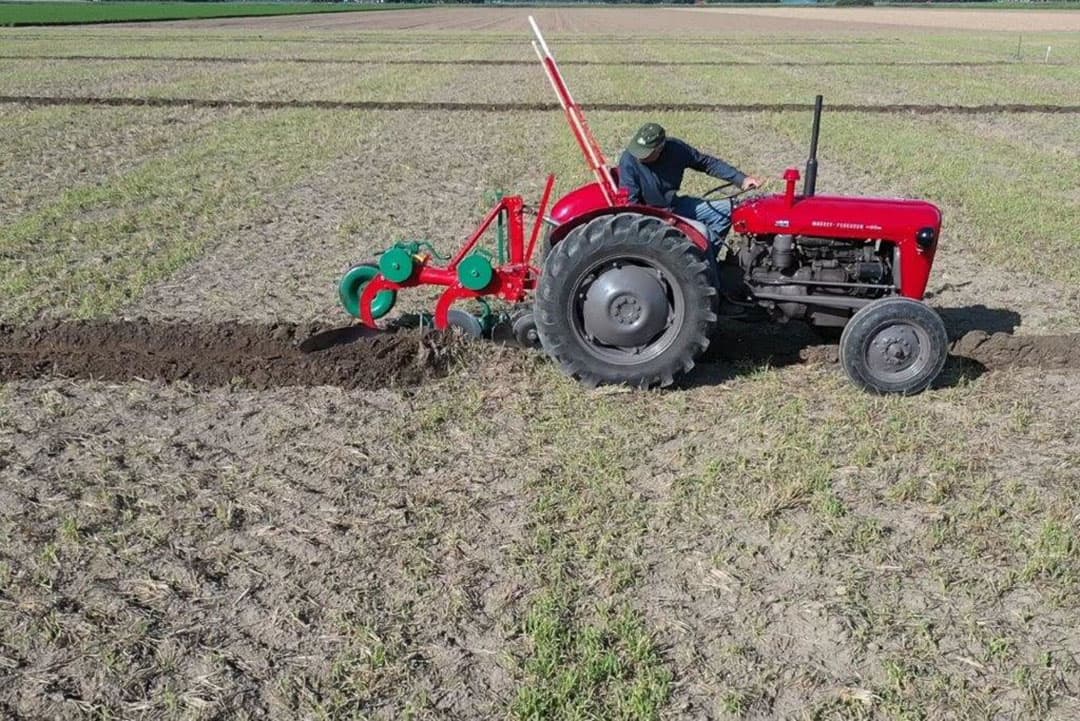 Ford Super Dexta met een gedragen tweeschaar rondgaande ploeg. Het ploegwerk laat geen ruggen van de scharen zien, maar valt heel vlak.
