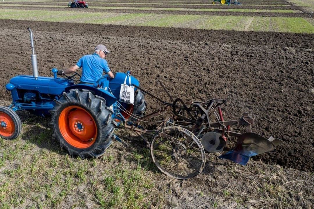 Een MF 35 Ferguson met een tweeschaar gedragen rondgaande ploeg. Hier nog bezig met de opzet van het ploegen.
