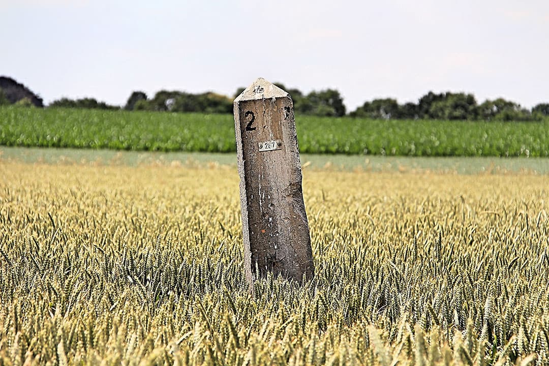 Midden in een 10 hectare omvattende perceel tussen Hillensberg en Doenrade (L.) steekt een betonnen grenspaal fier boven de tarwe uit.
