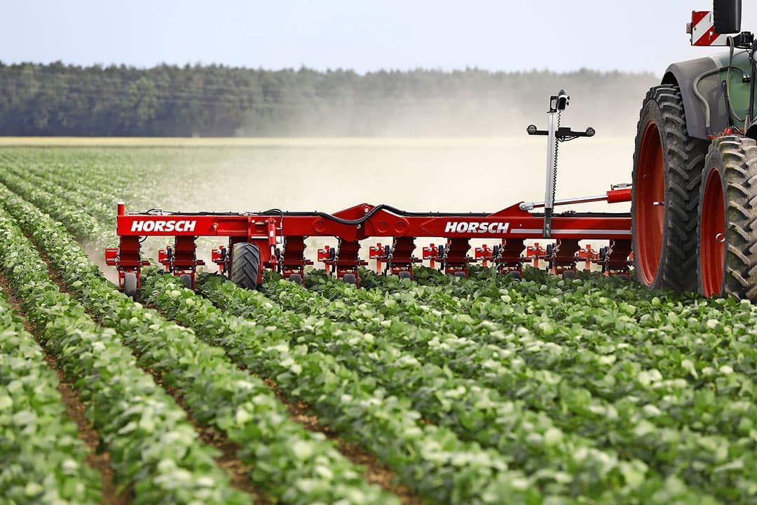 Op basis van camerabeelden corrigeert de sideshift zijdelings de precieze positie van de schoffelelementen. - Foto's: Horsch