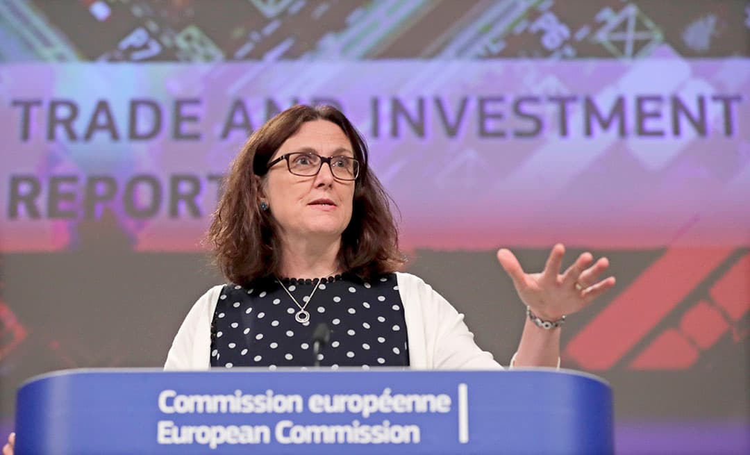 epa07653655 European Commissioner for Trade Cecilia Malmstrom gives a press conference on the annual report on worldwide trade and investment barriers in Brussels, Belgium, 17 June 2019. The European Commission's report confirms the continuous rise in barriers encountered by European companies in foreign markets. Some 123 of such barriers have been reportedly eliminated since the beginning of the current Commission mandate, allowing for more than six billion euro extra exports in 2018. The report showed also 45 new trade barriers put in place in countries outside the EU in 2018.  EPA/OLIVIER HOSLET