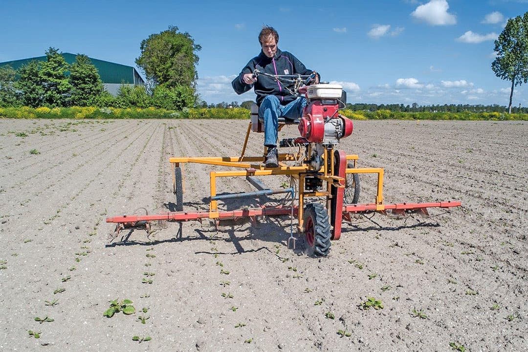 Er wordt met zicht op een aanwijzer boven de rij gereden. De werkbreedte is 5 plus 2 halve paden aan de buitenkanten, vanwege de aansluitrijen.
