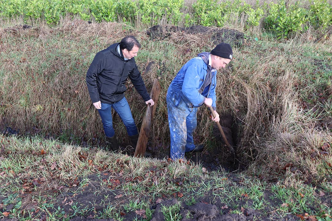 René Rijken (links) en Erik Tilborghs plaatsen een plank voor de duiker in de watergang. Zo kan het waterpeil enkele decimeters worden verhoogd.