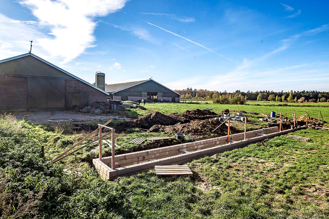 Erik Smale (31) heeft in Joppe (Gld.) in maatschap met zijn ouders Jan (62) en Gerri (62) een veebedrijf met 160 melkkoeien, 80 stuks jongvee en 120 hectare land (in gebruik). Hij laat een kalverstal bouwen met een ruim strohok en 16 eenlingboxen. Er is capaciteit voor 34 dieren tot 6 maanden oud. Nu staan de jongste kalveren nog verspreid over het erf. Geen ideale situatie. - Foto: Ronald Hissink