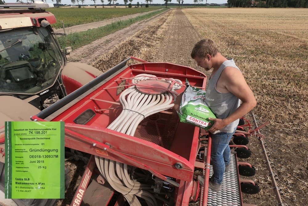 Edwin Bosscher zaait nu 7,5 hectare met een GLB-mengsel. Dit bestaat uit een resistente bladrammenas gemengd met vlas.