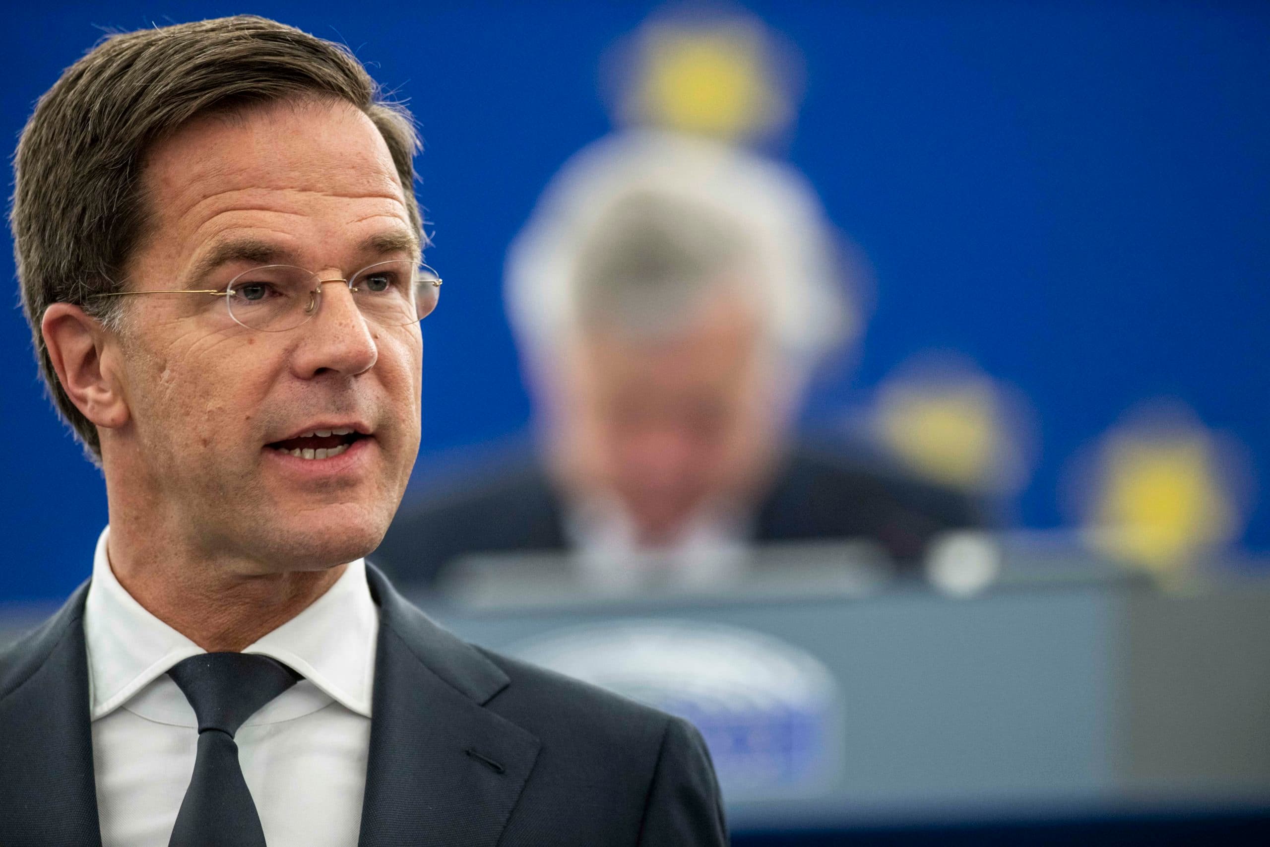 STRAATSBURG - Minister-president Mark Rutte tijdens zijn toespraak in het Europees Parlement over de Nederlandse visie op de toekomst van de Europese Unie. ANP JONAS ROOSENS