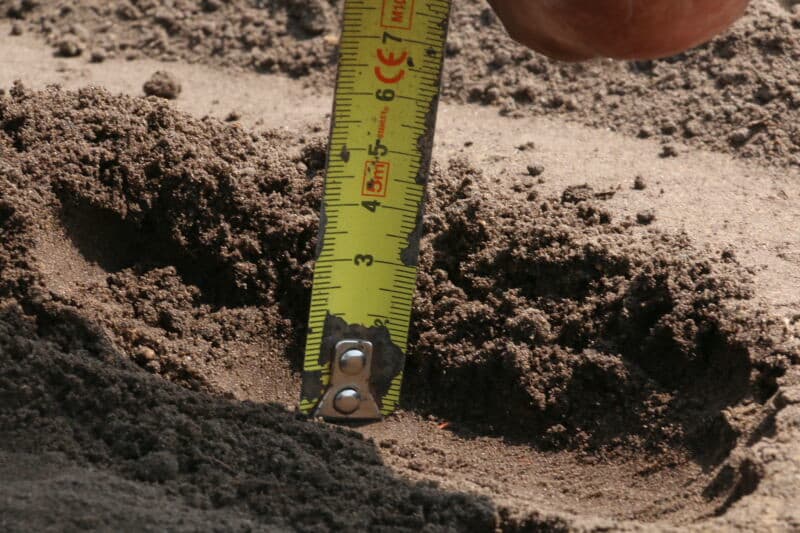 Ondanks de fijnheid van het zaad wordt 2,5 centimeter diep gezaaid in deze zandgrond. De grond is nog vochtig en er wordt nog steeds neerslag verwacht zodat de opkomst wel gegarandeerd lijkt.