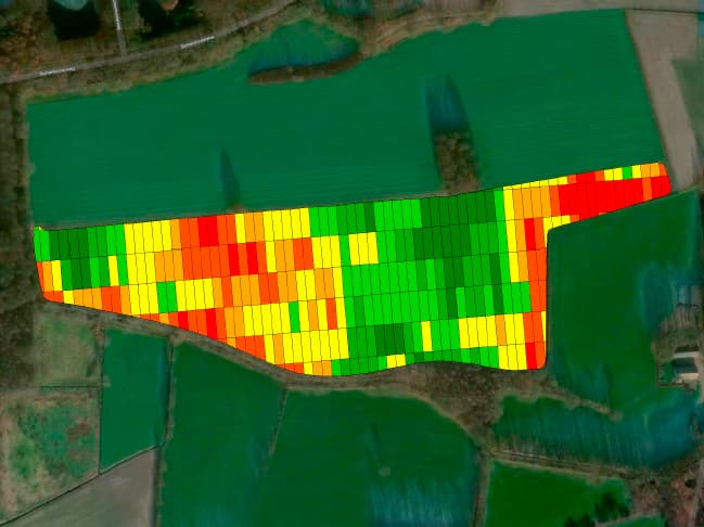 Het taakkaartje voor de bodemherbiciden. Het roodst is waar het meeste middel komt, bij donkergroen het minst. - Foto: NPPL
