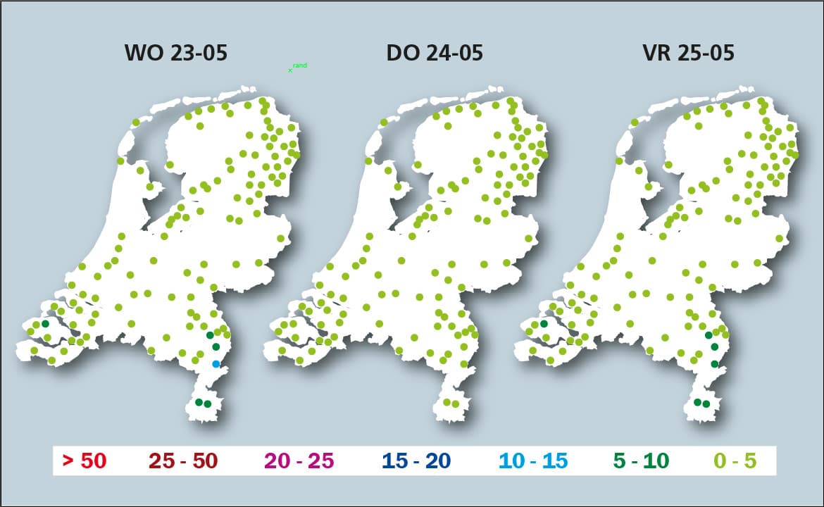 Veel groene stippen is goed nieuws voor aardappeltelers, want dat betekent een laag risico op phytophthora.
