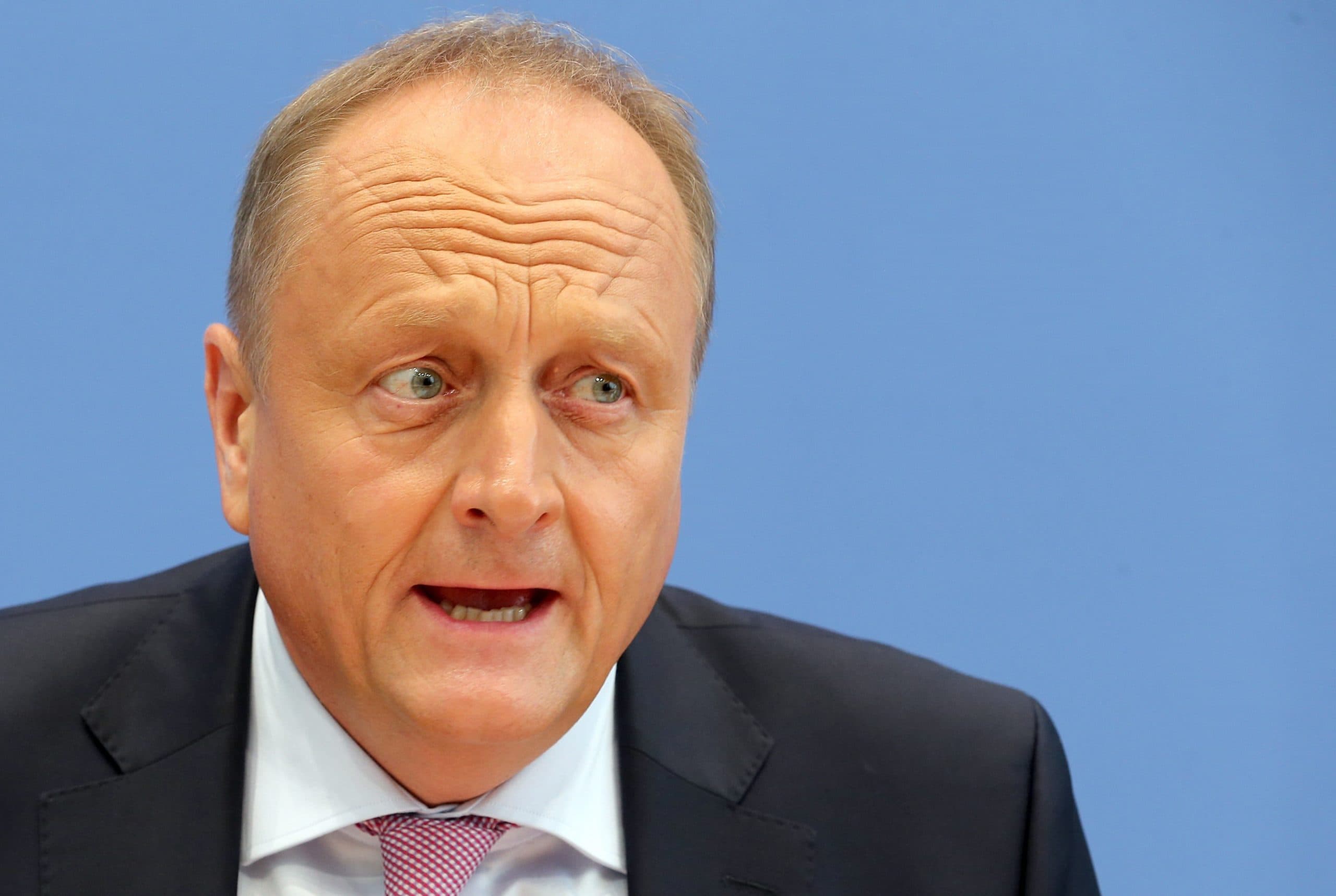 2015-08-18 00:00:00 Joachim Rukwied, President of the National Farmers' association DBV addresses a press conference in Berlin on August 18, 2015. This year's grain, fruit and vegetable harvests in Germany have been hit by droughts in key areas and the long summer heatwave, Rukwied said.    AFP PHOTO / DPA / WOLFGANG KUMM   +++ GERMANY OUT +++