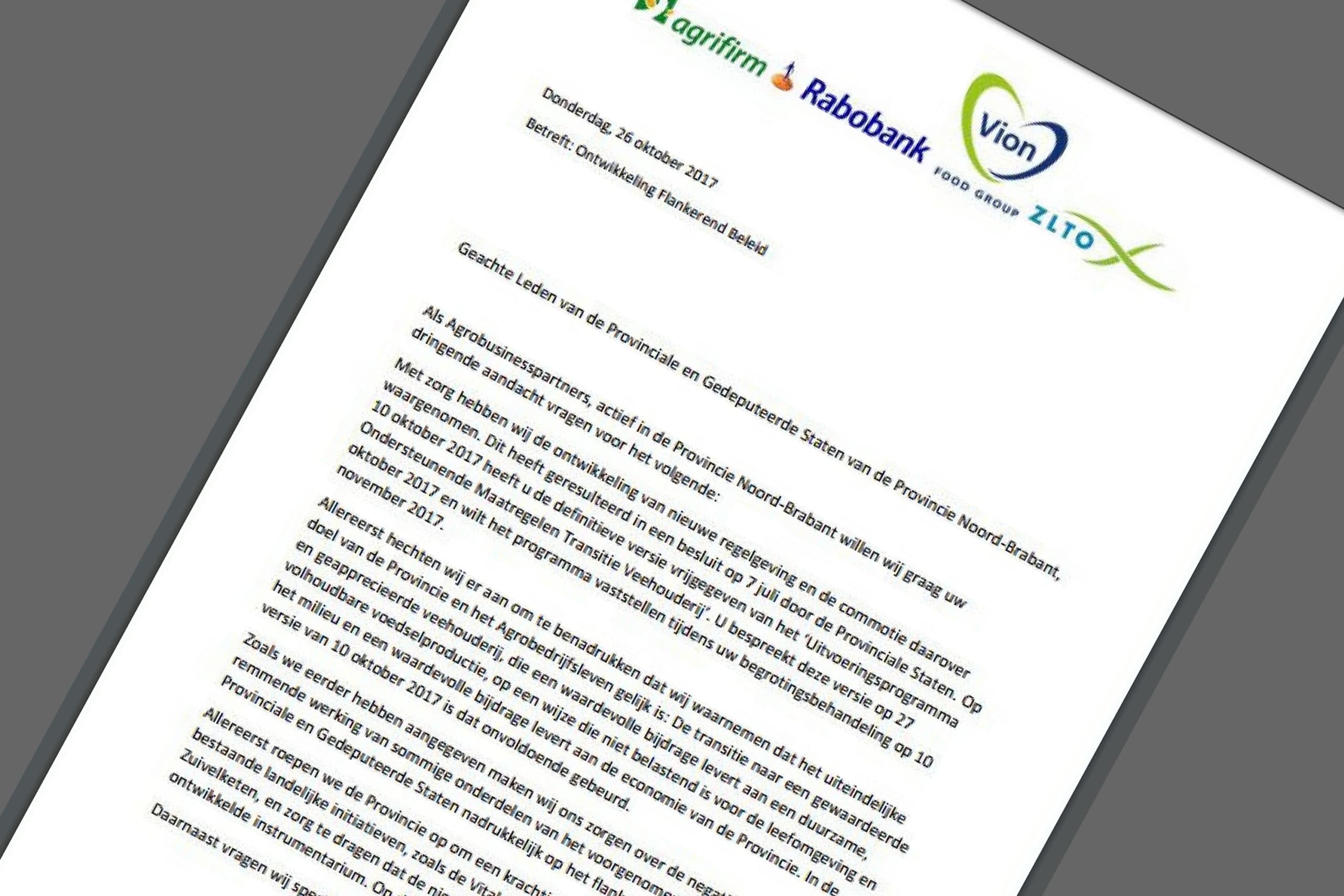 Afbeelding: gedeelte brief Agrifirm, Rabobank, Vion en ZLTO