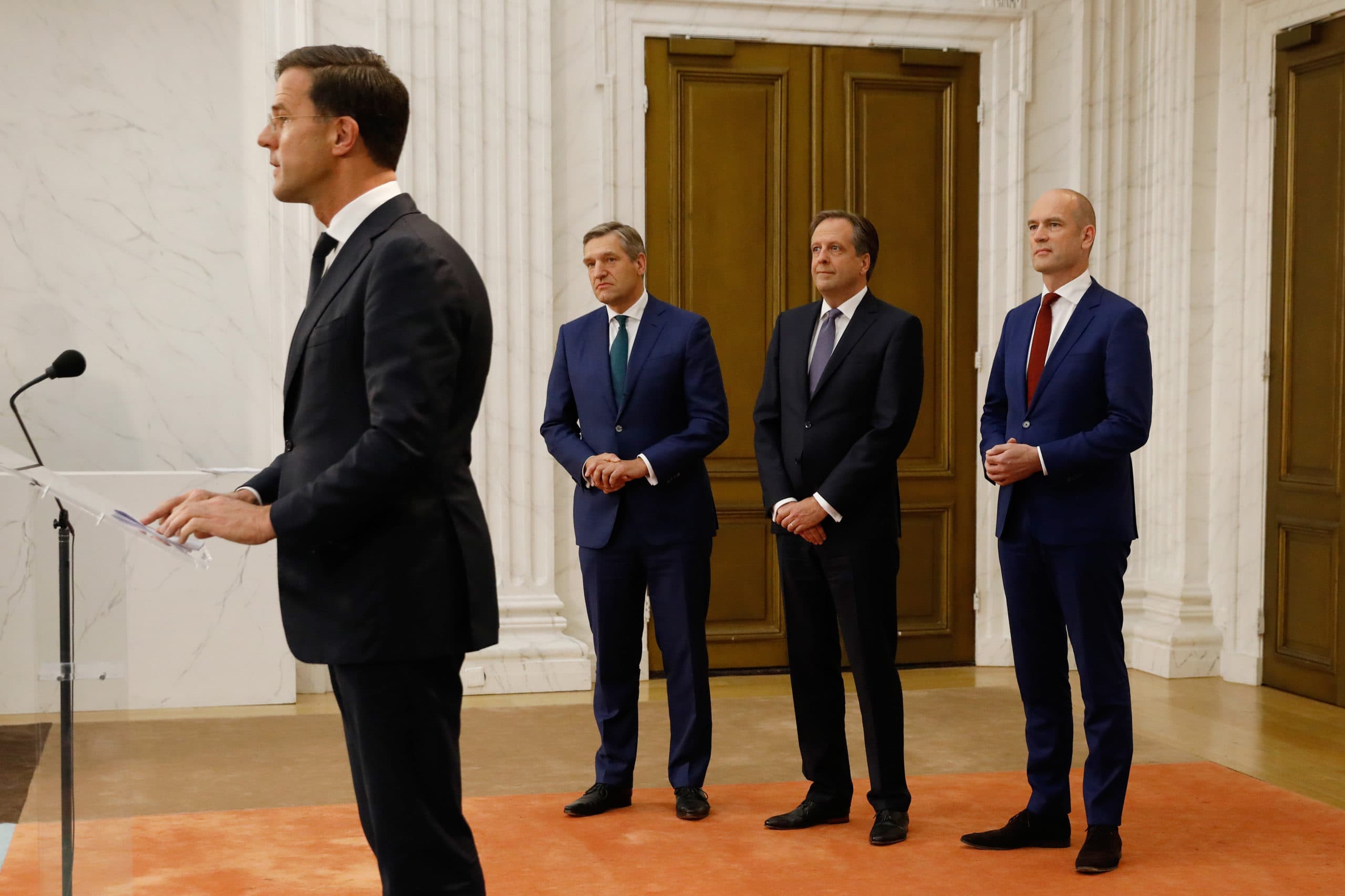 De fractieleiders van VVD, D66, CDA en ChristenUnie gaven onlangs toelichting op het door hen gesloten regeerakkoord. - Foto: ANP