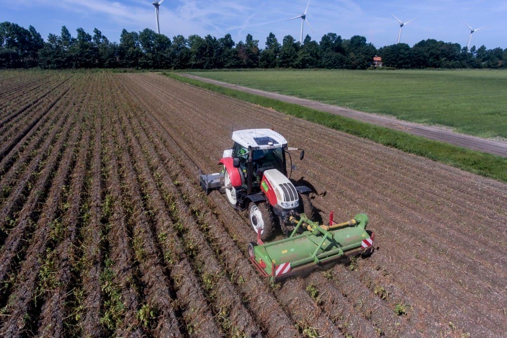 Uit voorzorg is er een sleuf dwars over de rijen gefreesd, om wateroverlast bij stevige buien te voorkomen.