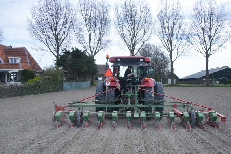 Hotting zaait met een Fendt 390 GT-werktuigendrager met een Monosem-zaaimachine. De trekker staat op 3 meter spoorbreedte, waarbij onder de trekker een heel bed van 3 meter gezaaid wordt en twee halve bedden buiten de machine, die met behulp van GPS aan elkaar sluiten.