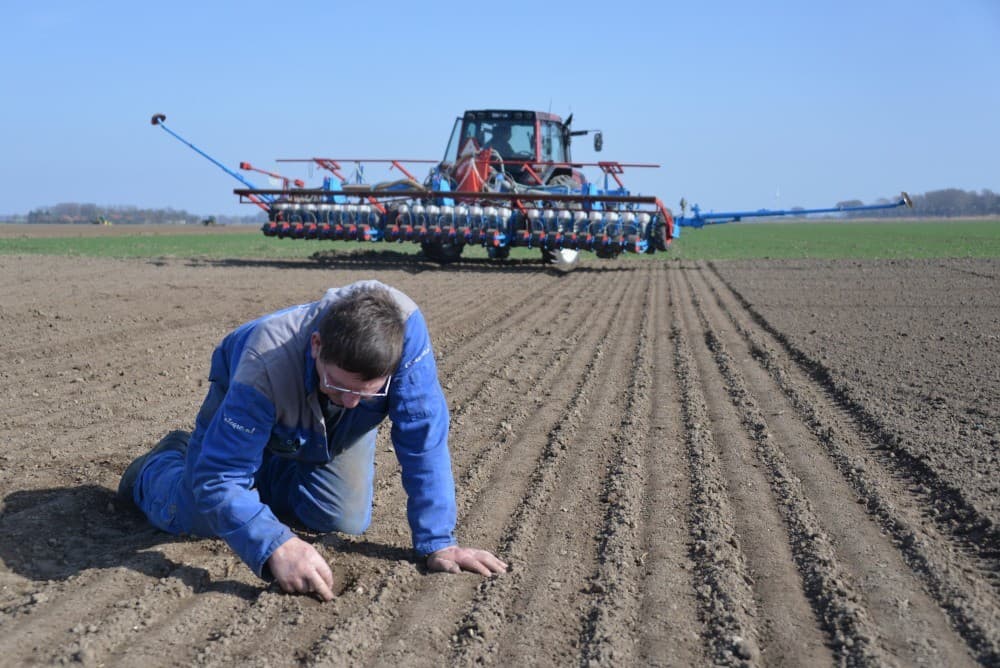 Ook op gediepploegde klei van Johan Knook in Dronten (Fl.) is al een mooi zaaibed te maken. Marcel Nijboer van loonbedrijf Cintegro uit Ens (Fl.) kijkt even naar de juiste zaaidiepte.
