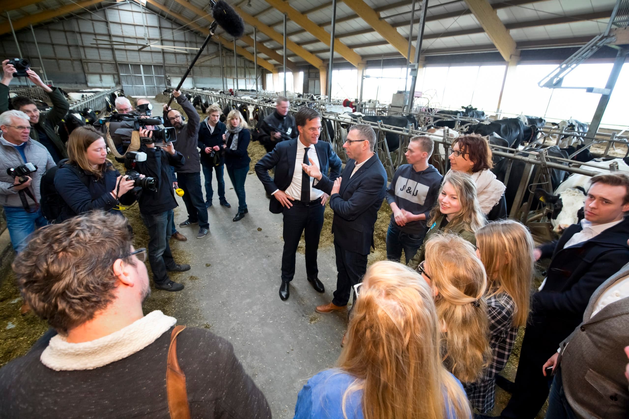 Mark Rutte, de minister-president, bij een veebedrijf in Overijssel. - Foto: Ruud Ploeg