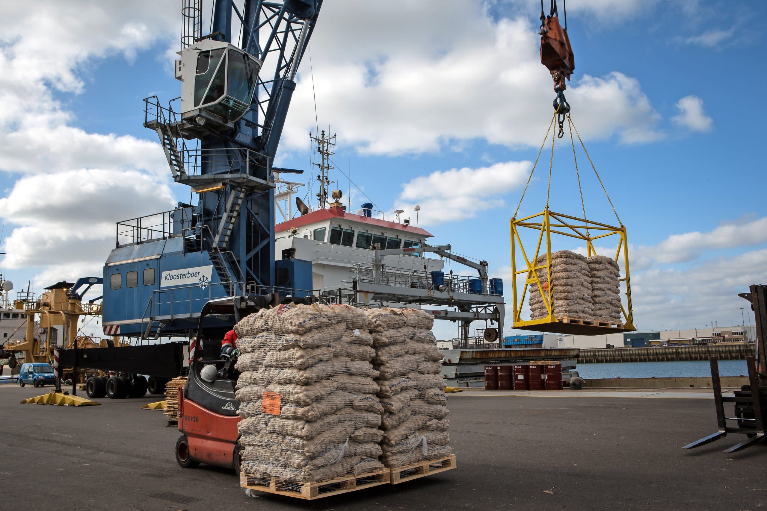 Agrico laadt pootaardappelen in de haven van Vlissingen in een boot met als bestemming Rusland. Foto: Peter Roek