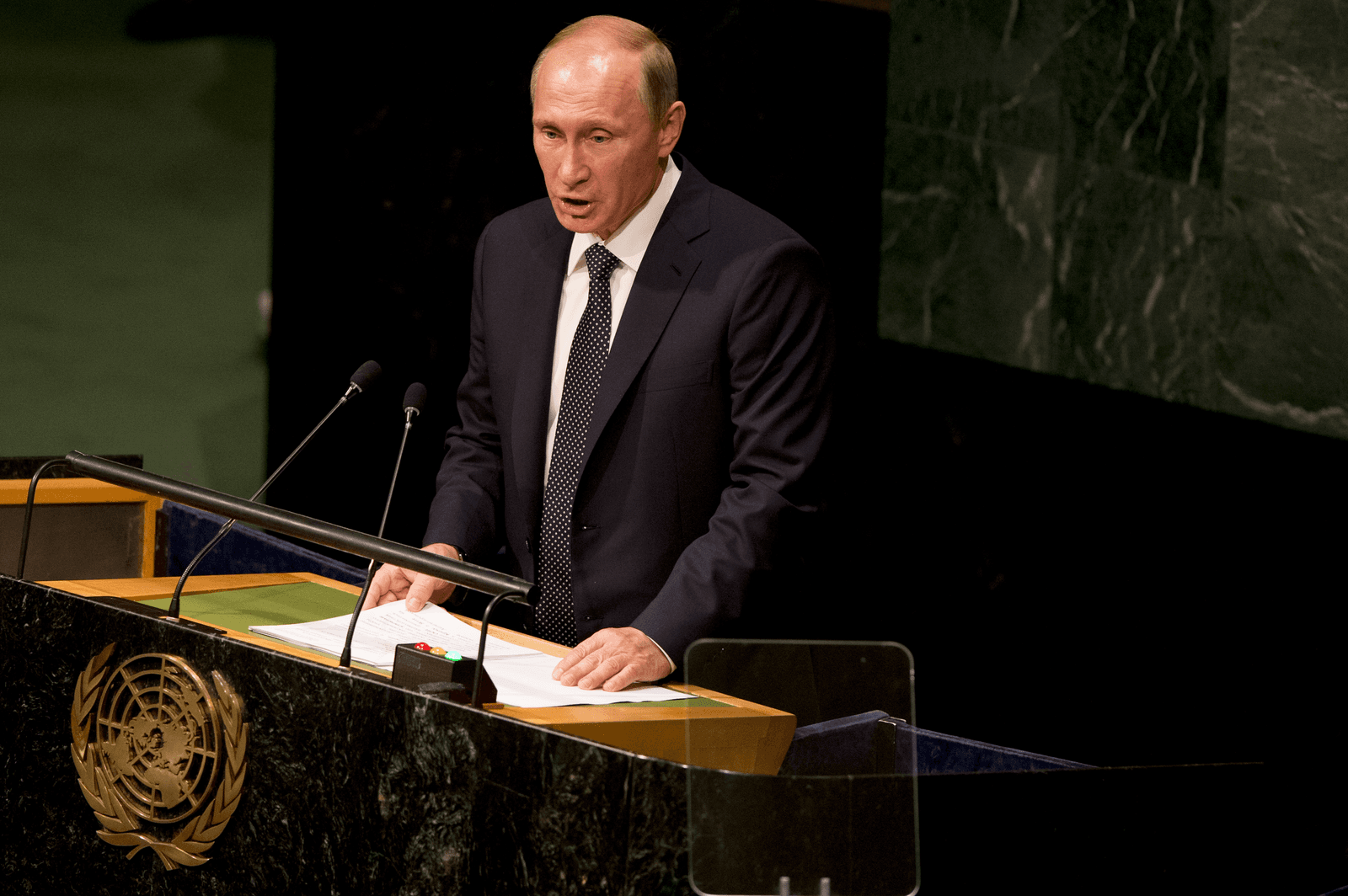 De Russische president Poetin, hier tijdens een toespraak voor de Verenigde Naties.<em><br />Foto: ANP</em>