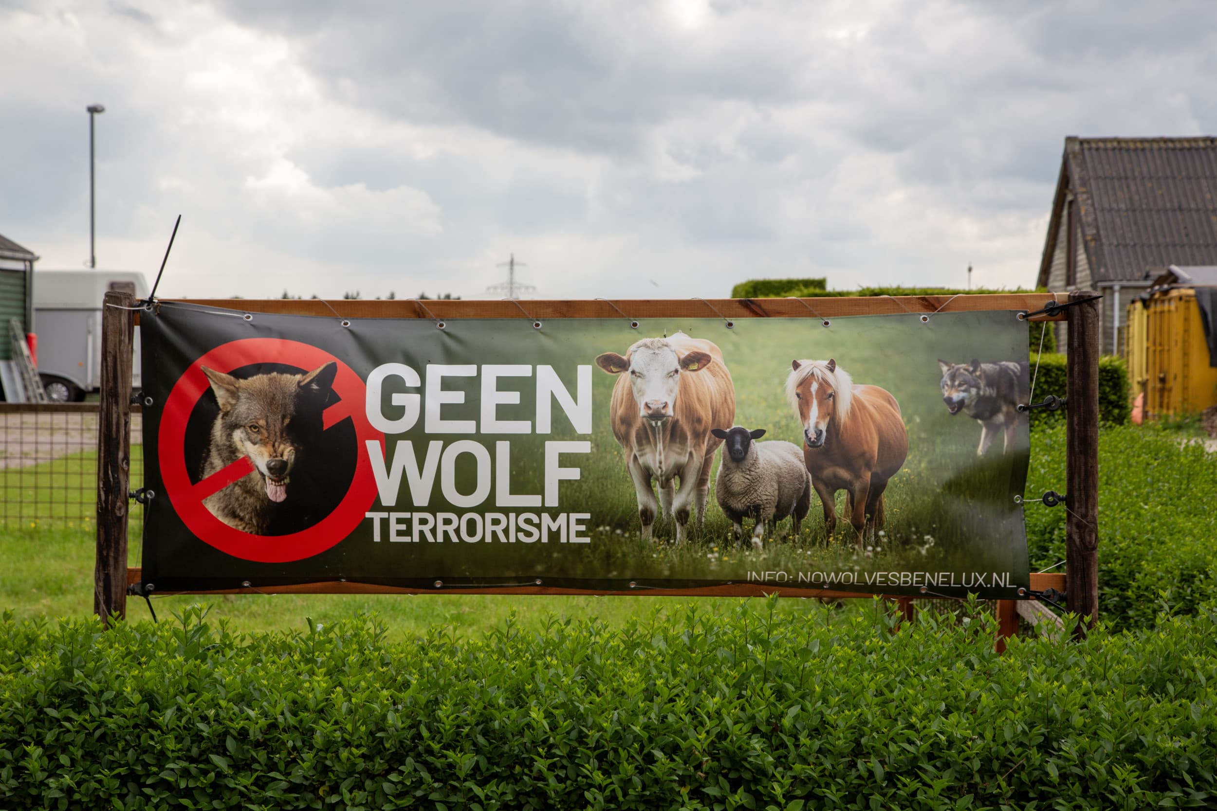 Een spandoek bij Schoonoord in Drenthe met de tekst Geen wolf terrorisme. Foto ANP / Hollandse Hoogte / Bert Verhoeff