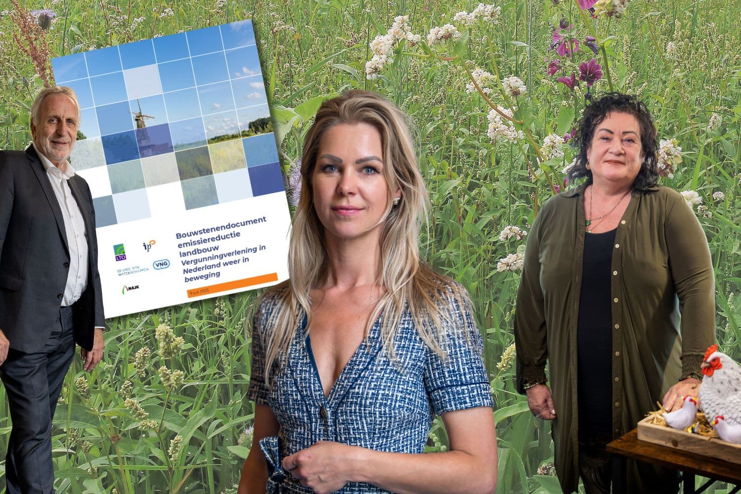 Harm Holman, minister Wiersma en Caroline van der Plas. Bestuurders nemen het voortouw in de stikstofaanpak, terwijl BBB en actiegroepen op de rem staan. Foto's: Peter Roek, Koos Groenewold en cover stikstofplan, beeldbewerking