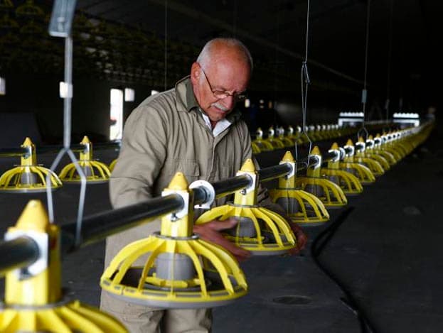 Ondertussen zijn de voersilo s geleverd. Er zijn twee silo s geplaatst, beide met 20 kuub inhoud, goed voor ongeveer 12 ton meel per silo. Het voordeel van twee silo's is dat er altijd een silo leeggemaakt en eventueel gereinigd kan worden, voordat er nieuw voer komt. Naast de twee silo's staat een kleine silohut voor de voermenger en -weger.