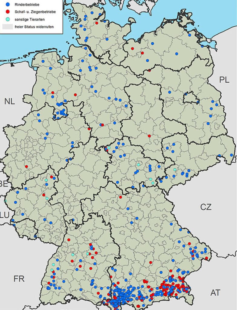Blauwtong in Duitsland van 1 mei tot 22 september 2025. (http://www.fli.de/de/aktuelles/tierseuchengeschehen/blauzungenkrankheit)