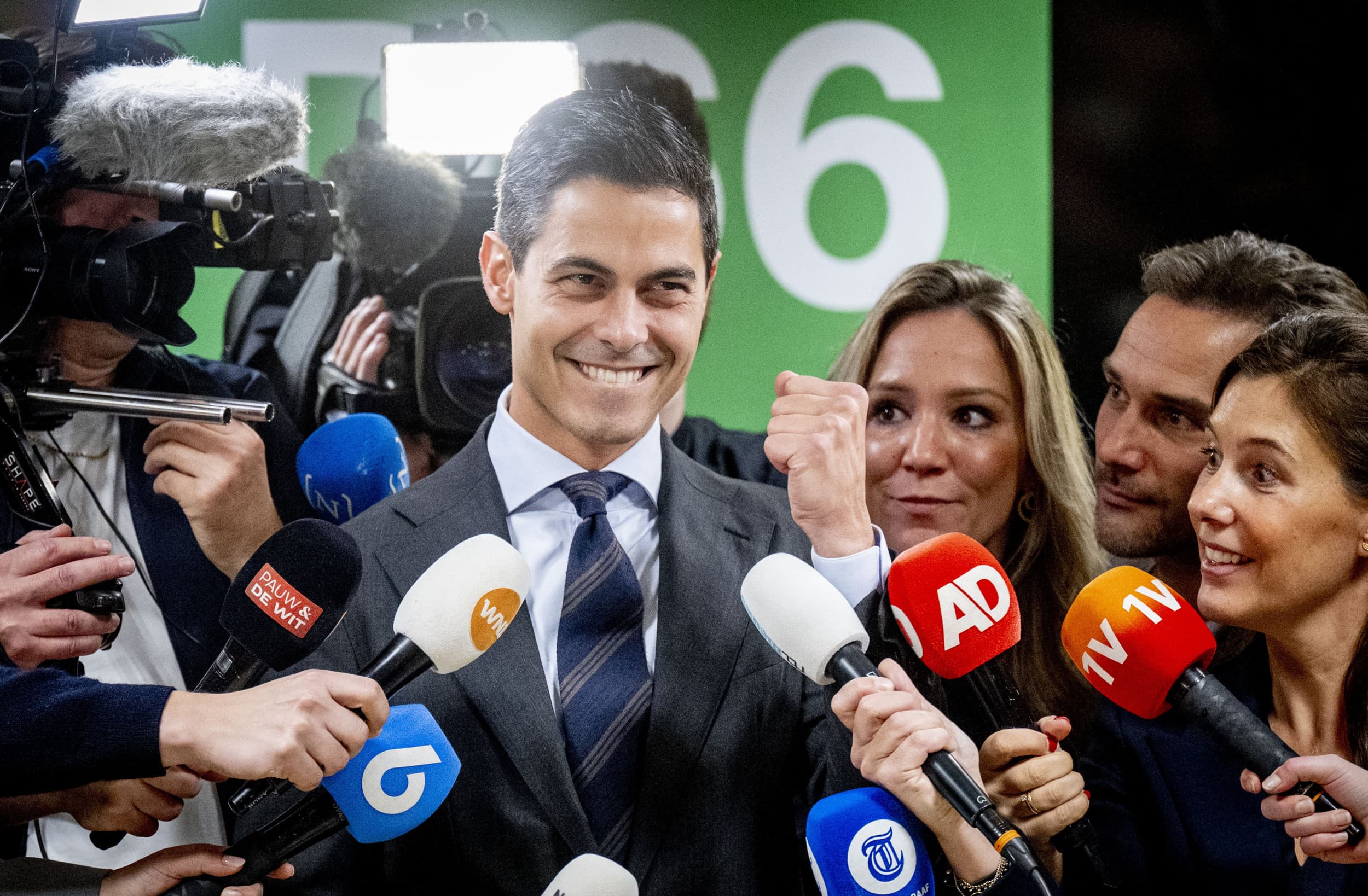 Lijsttrekker Rob Jetten van D66 tijdens een fractiebijeenkomst na de Tweede Kamerverkiezingen. Foto: ANP
