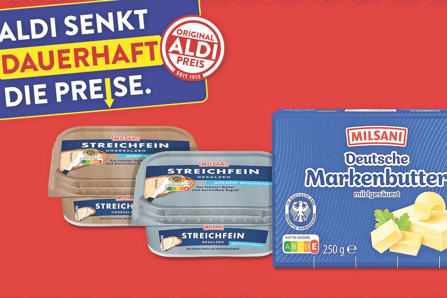 Aldi verlaagde de boterprijs deze week als eerste, Lidl volgde een dag later. Het is de derde prijsverlaging in zes weken. Foto: Aldi