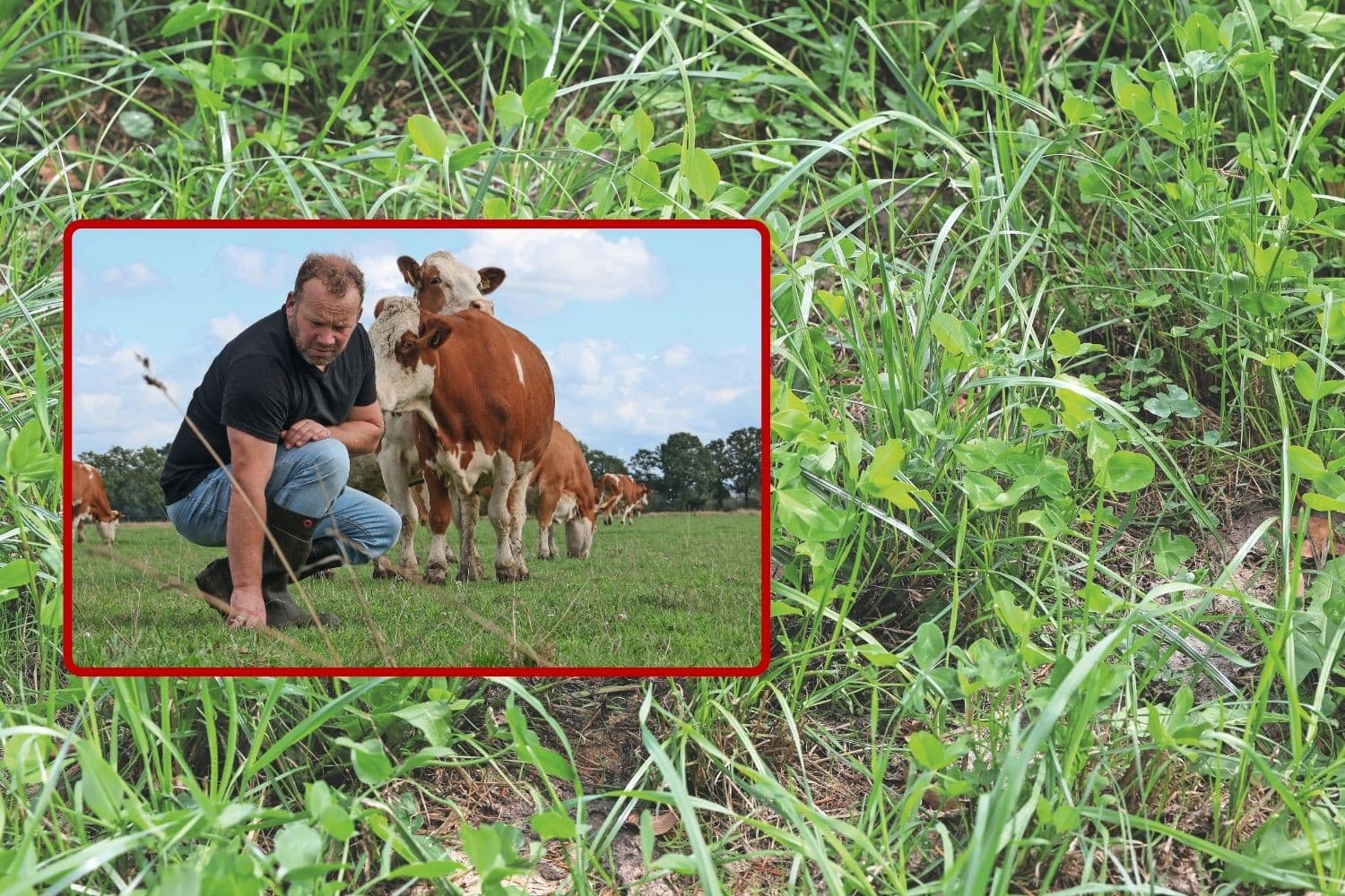 Marco van Liere laat zien hoe kort het gras is in zijn weide. Het is begin september. Met kurzrasen houdt hij de zode strak, maar droogte maakt dit jaar beregenen noodzakelijk. Foto's: Bert Jansen