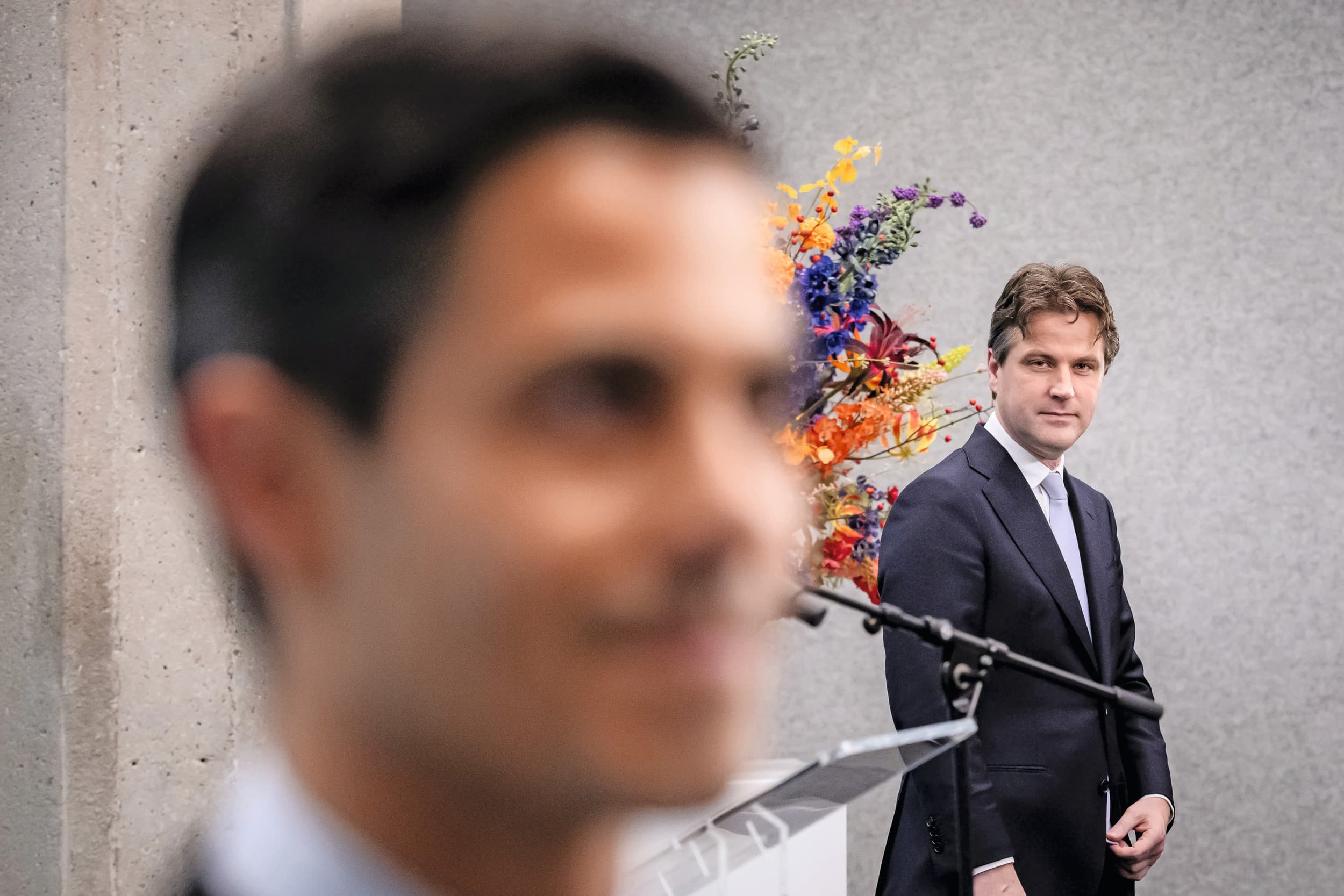 Fractievoorzitters Rob Jetten (D66) en Henri Bontenbal (CDA) tijdens de presentatie van het tussenverslag eerder deze week in de Tweede Kamer. Foto: ANP