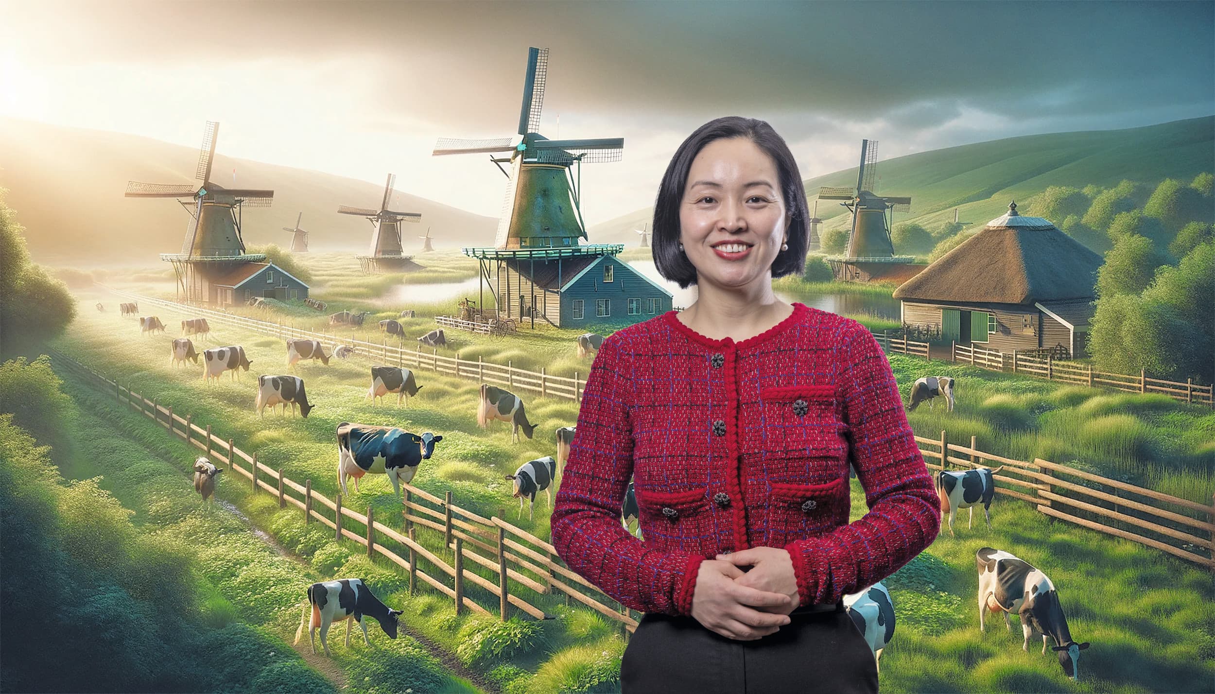 AI kan volgens Zhu helpen te analyseren in welke regio investeringen plaats moeten vinden. Foto inzet: Koos Groenewold. Foto achtergrond: gecomponeerd door Cynthia Zhu met behulp van AI.