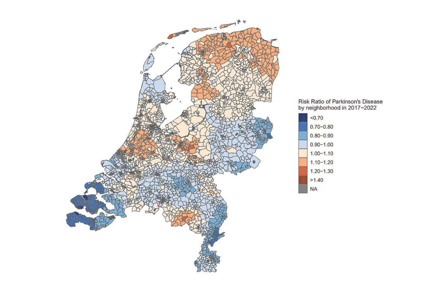In het Noorden komt parkinson vaker voor dan in het zuiden van Nederland, blijkt uit onderzoek onder ruim 22.000 patiënten. Bron: Universiteit Utrecht