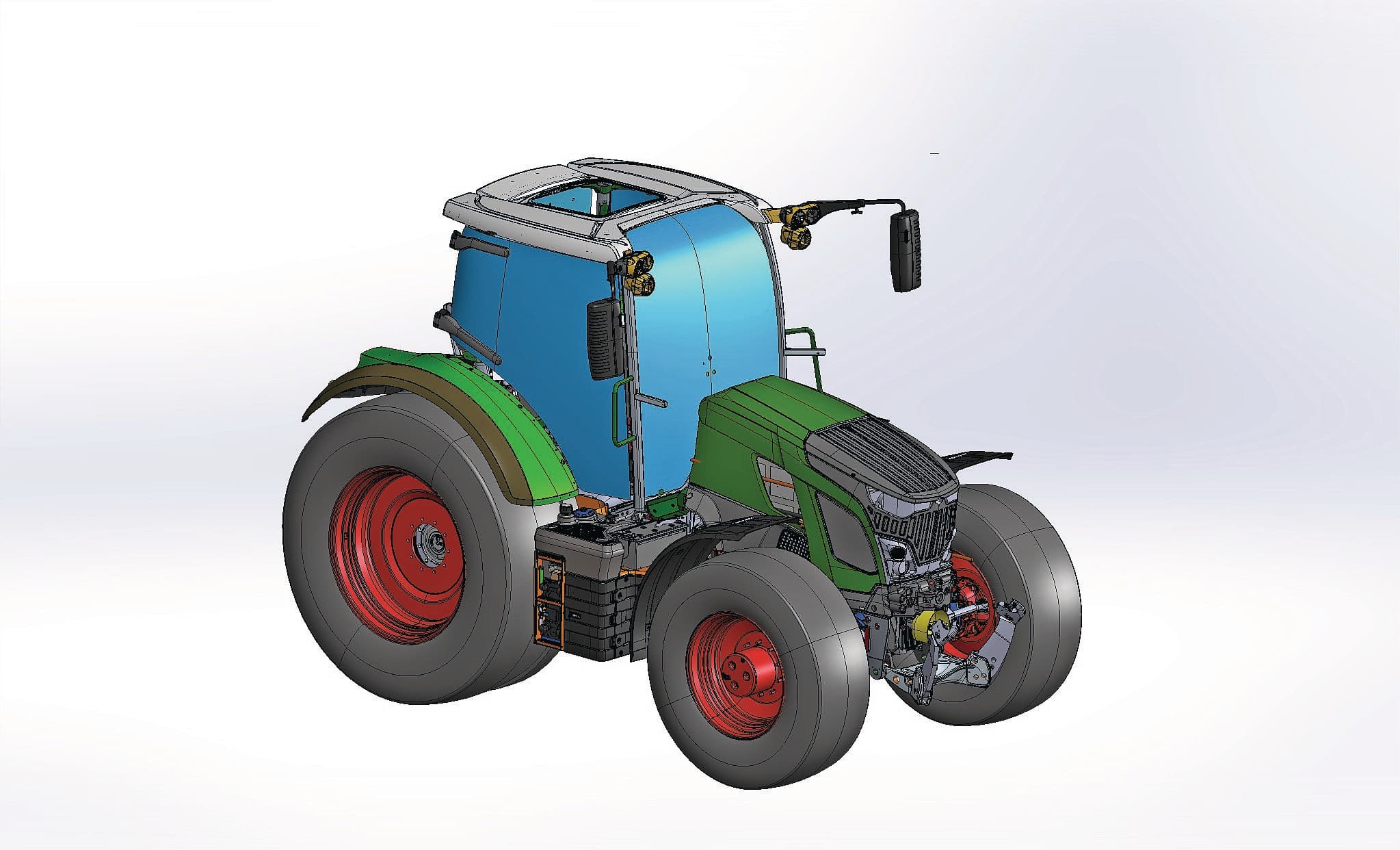 Dit is een tekening van de nieuwe Agromec E600 Electric. De basis is een Fendt 600 Vario waarbij alle brandstof-, emissie- en dieseltechniek plaatsmaakt voor elektromotoren en een 170 kWh accupakket. Een range-extender kan eventueel in de fronthef. Afbeelding: Agromec