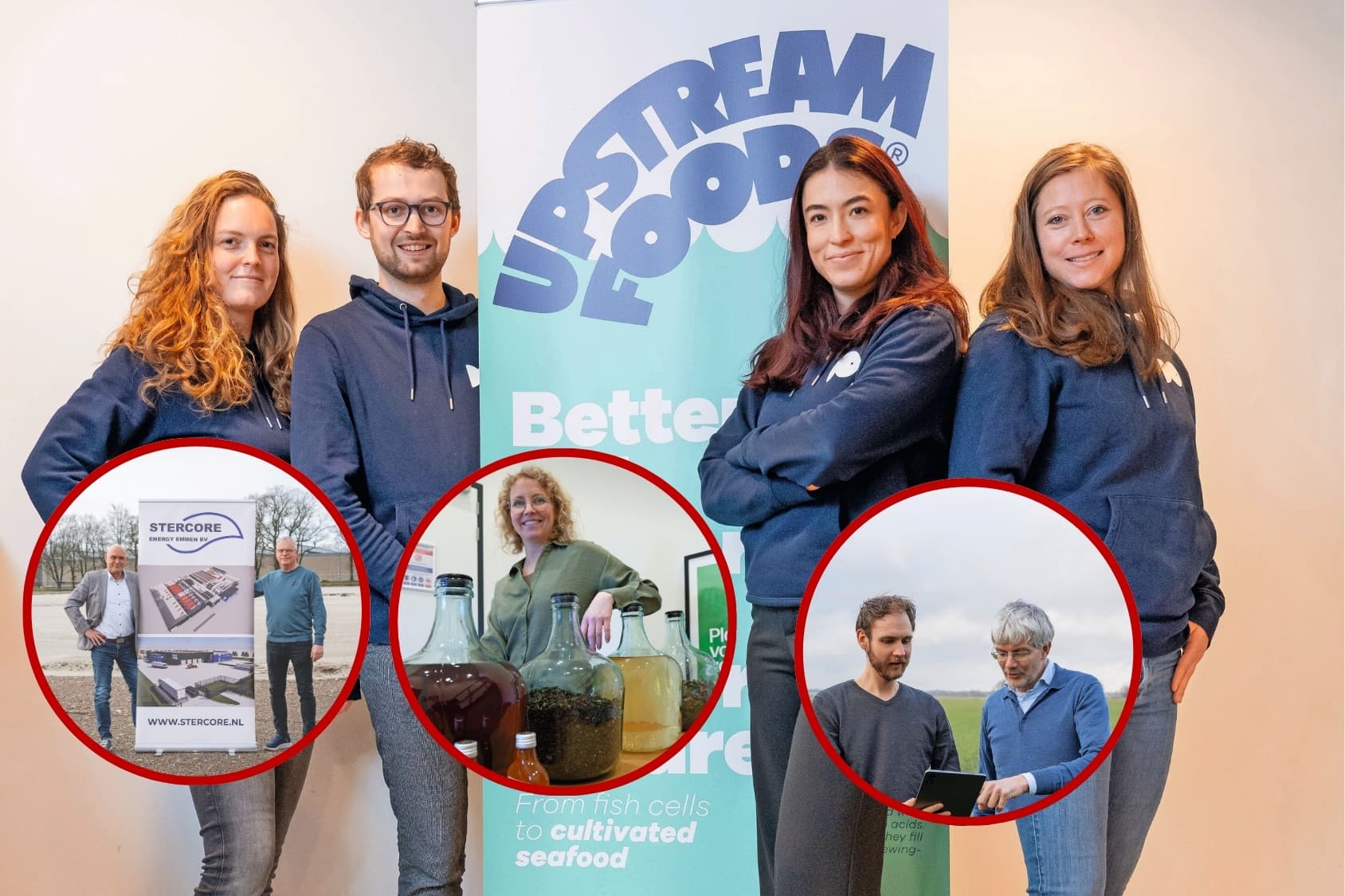 Afbeelding achtergrond. De winnaar van Beste Food & Agri Start-up in 2025: Upstream Foods. Zij gingen naar huis met een prijs van €2.500 en een mediapakket. Foto: Jan Willem Schouten. Inzet links: Hans Jansen en Richard Custers van Stercore Energy. Foto: Lex Salverda. Inzet midden: Nikki Spil van Holdfast and Stipe. Foto: Lex Salverda. Inzet rechts: Steven Verkuil en Jan Roelof Meesters van Intoagri. Foto: Andrea van Schaik