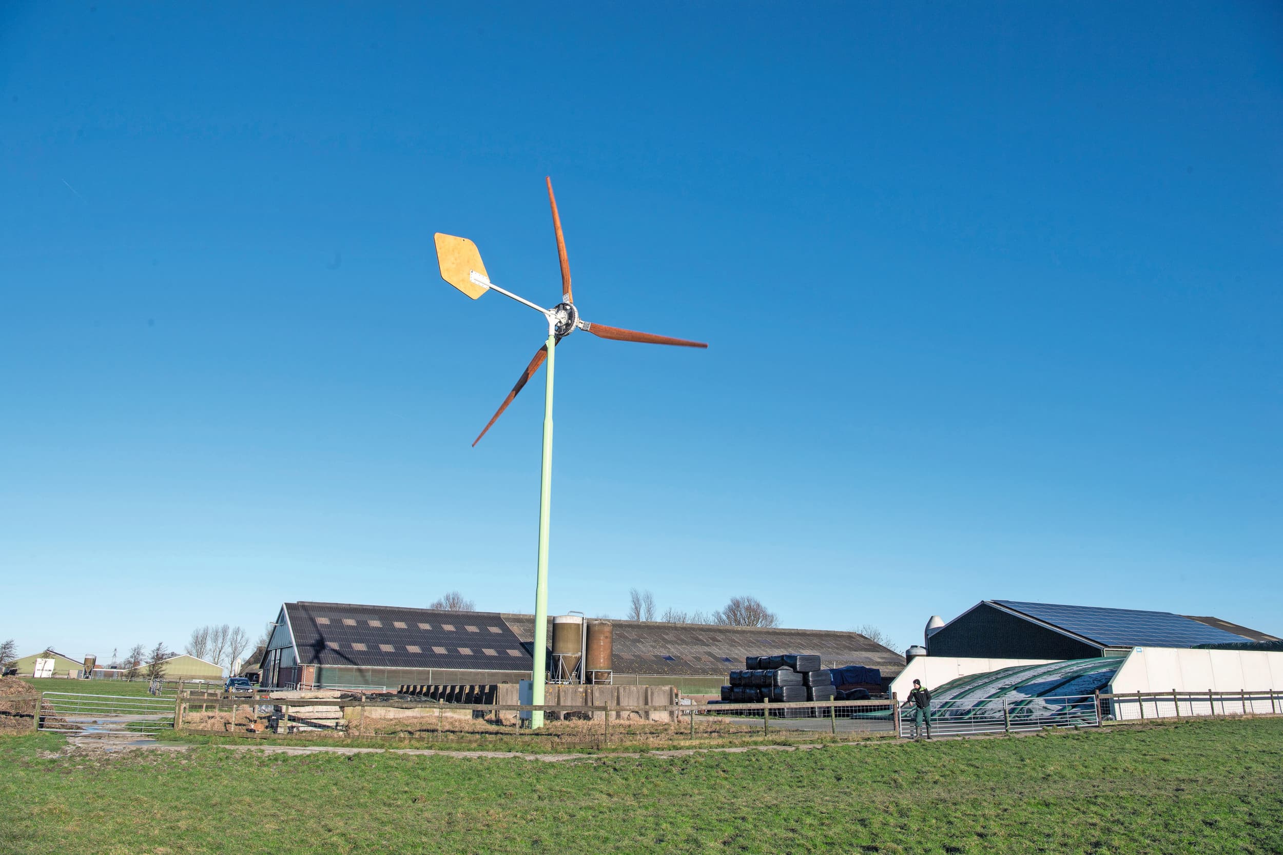Anders dan deze kleine erfmolen van Ecoways staat een grote windmolen meestal op een eigen aansluiting vanwege de SDE-subsidie. Daardoor is het financieel gunstiger om alles terug te leveren aan het net. Foto: Mark Pasveer