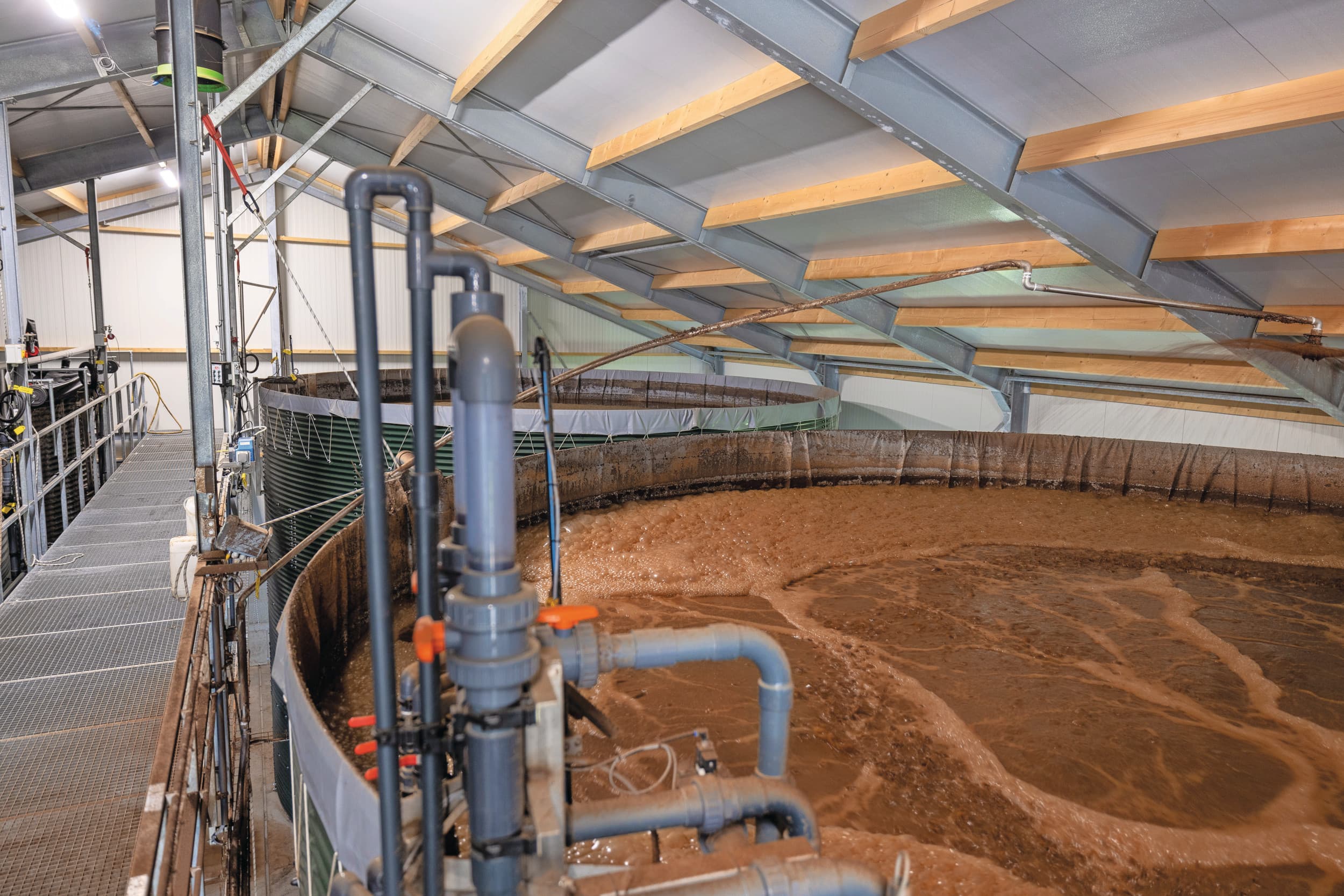 Procestanks voor het verwijderen van stikstof uit dunne fractie door middel van nitrificatie en denitrificatie. Eerst zetten bacteriën in een zuurstofrijk milieu de ammoniakstikstof om in nitraat, daarna wordt nitraat omgezet in milieuneutraal stikstofgas, N. Foto: Peter Roek