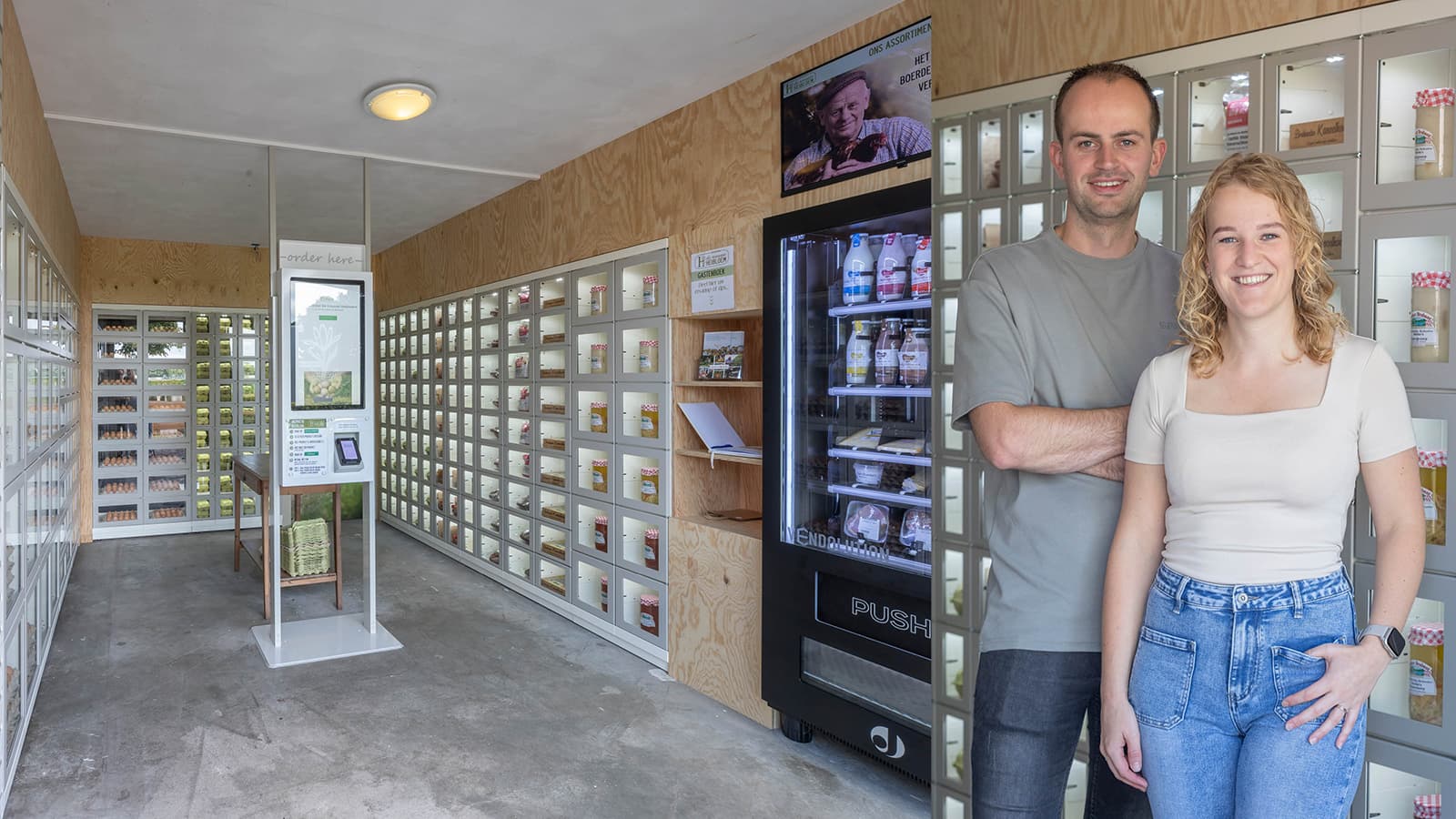 Lars en Amy bij hun winkel De Nieuwe Heibloem. Foto's: Appeltje Eitje Automaten