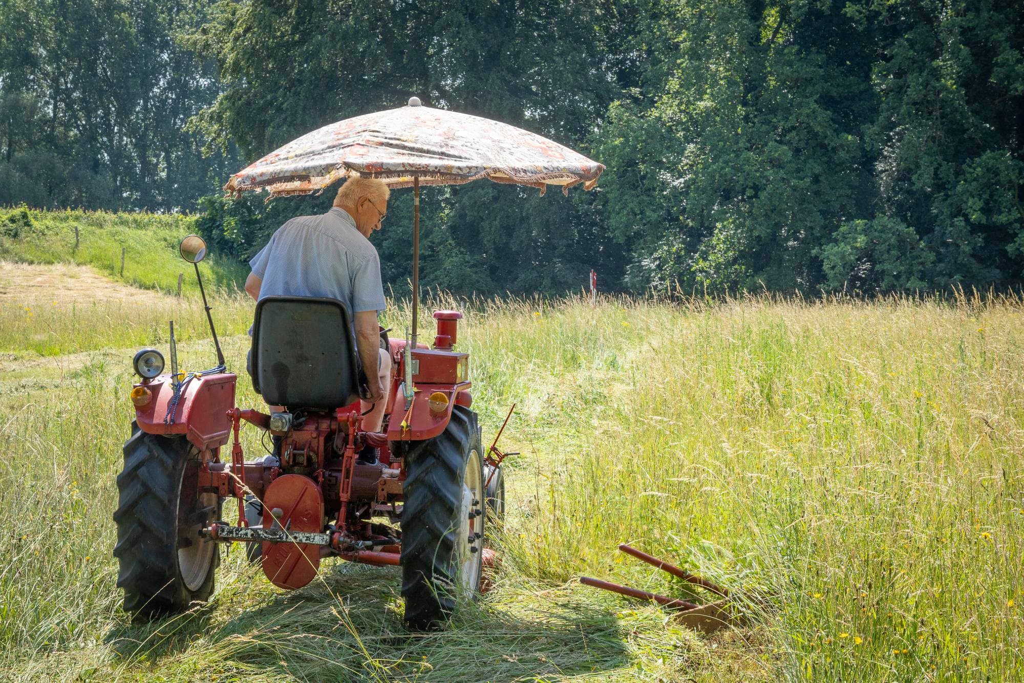 De klassieke trekkers hadden geen cabine, laat staan airco. Een parasol beschermde de deelnemers tegen de felle zon.